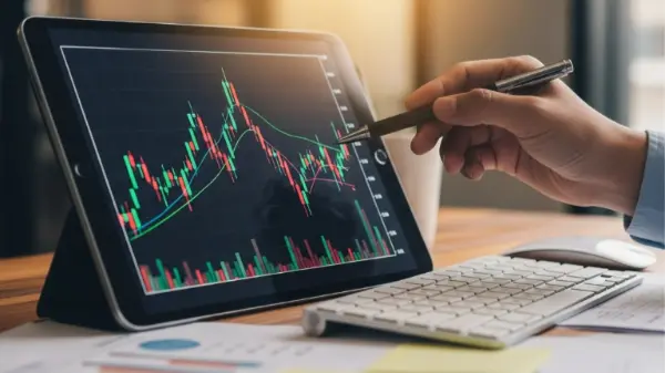 Main désignant une courbe boursière descendante sur une tablette posée près d'un clavier.