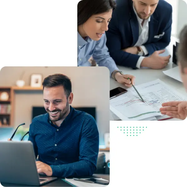 Montage de trois professionnels : un homme sur son PC et deux collègues analysant un graphique.