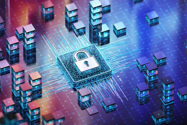 Puce centrale avec cadenas survolant un réseau de blocs de données bleus et violets.