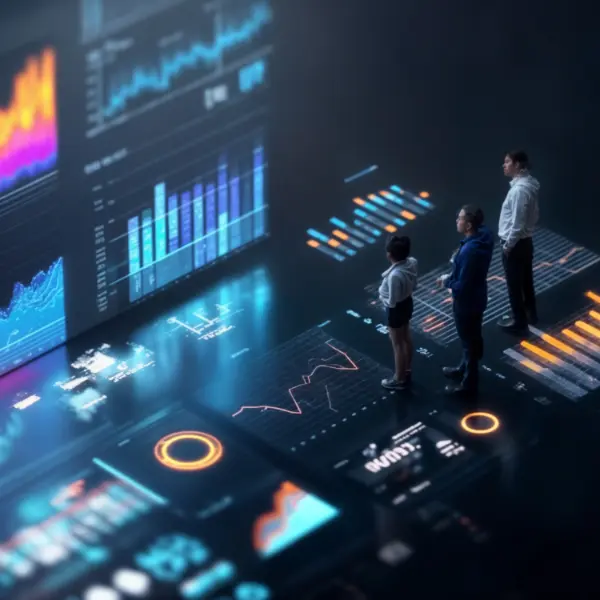 Trois personnes observent des écrans géants affichant des graphiques de données futuristes.