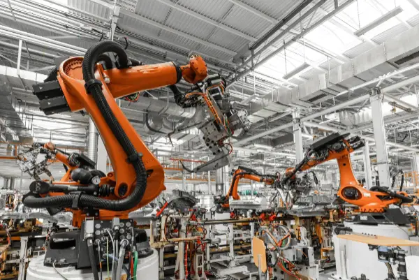 Bras robotiques orange s'activant sur une ligne de production automatisée en usine.